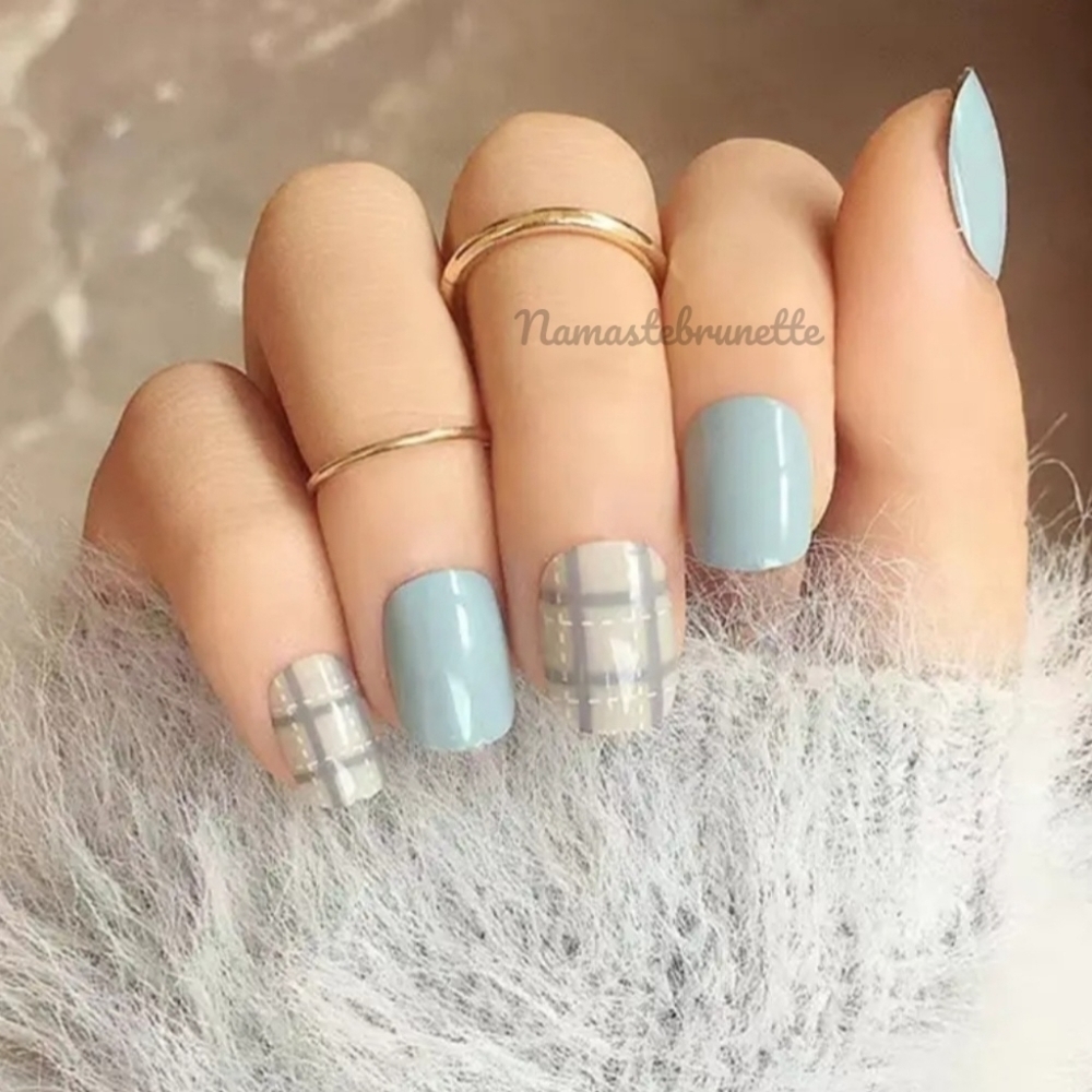 2/$16 Blue Gray Plaid Press On Nails